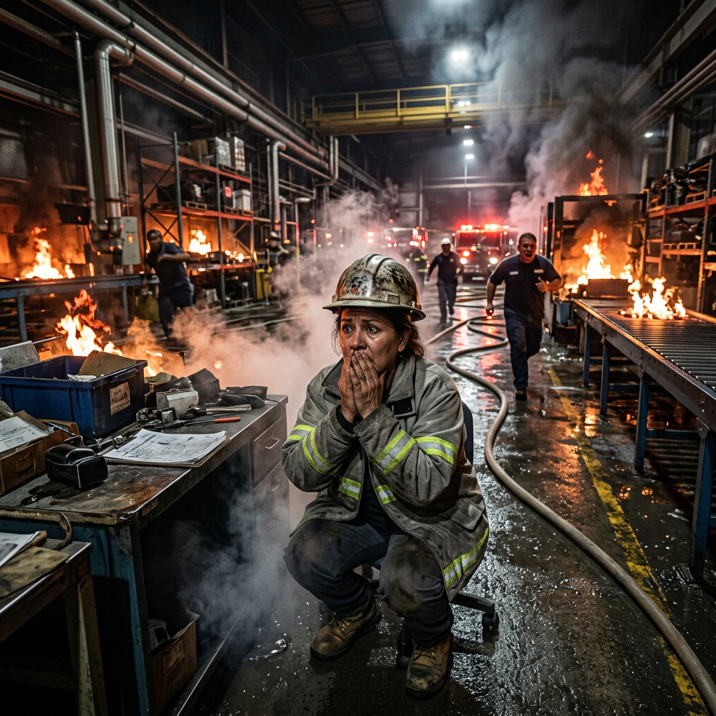 Firefighter with helmet and reflective gear crouching with hands on face in burning warehouse