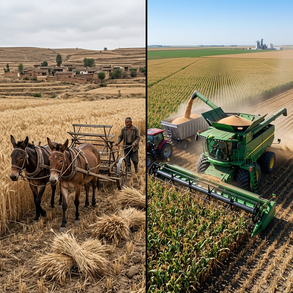 Mule harvesting crops versus modern combine harvester
