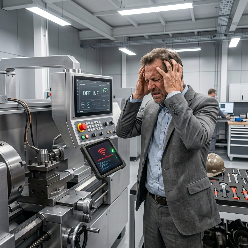 Factory worker holding tablet displaying 'Error: No Connection' beside offline machine interface