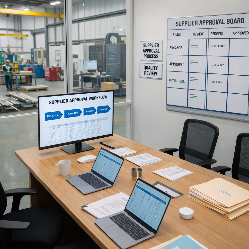 Three professionals discussing supplier approval workflow and inspecting a metal part in industrial office