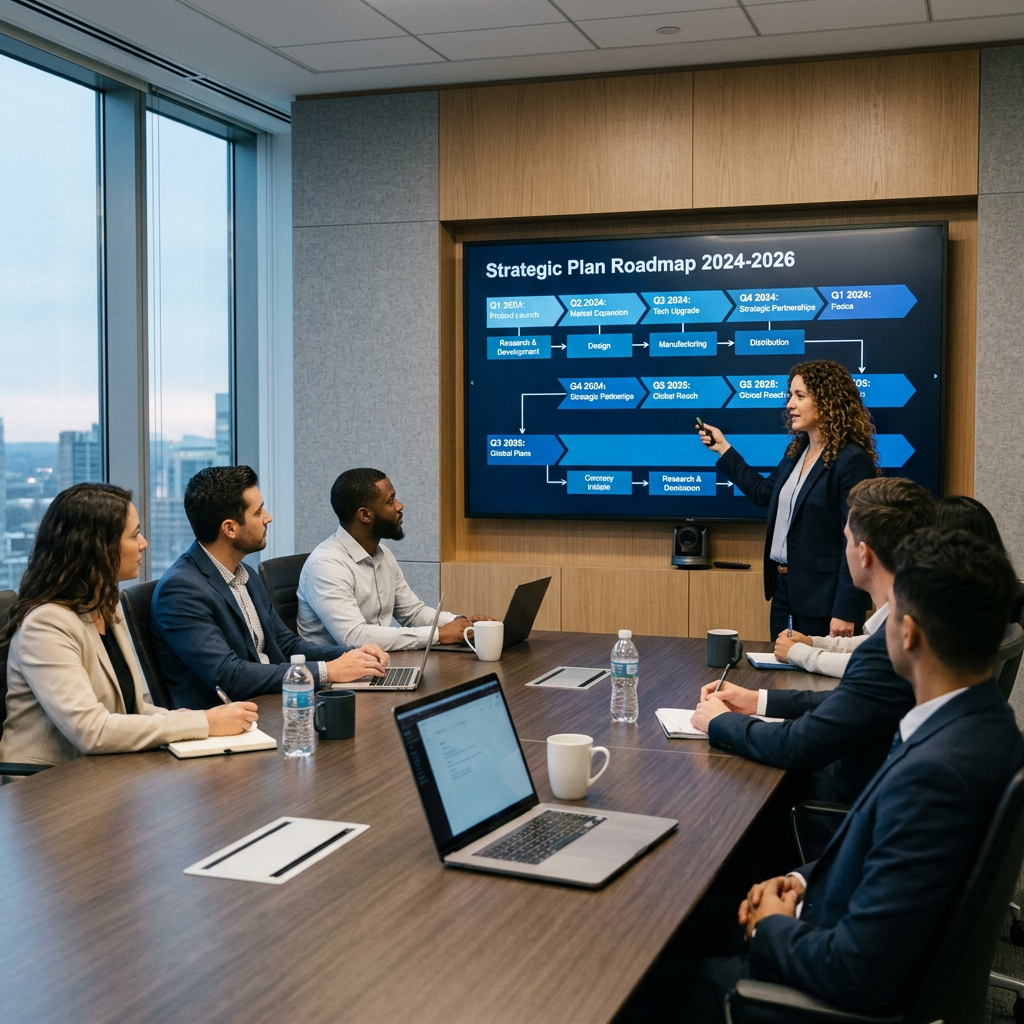 Strategic plan roadmap on meeting room screen